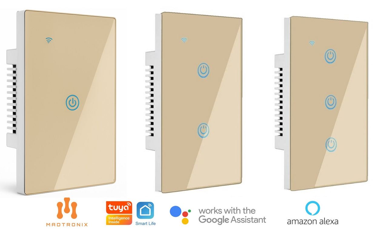 Interruptor Inteligente de Luz Sin Neutro Google y Alexa Pack x 3 Dorado