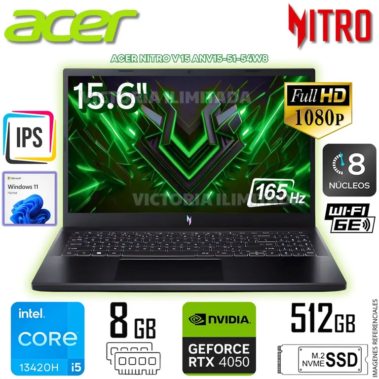 Laptop Gamer Nitro V15 Core i5-13420H 8GB RAM 512GB SSD 15.6 FHD RTX4050-6GB w11 home ANV15-51-54W8
