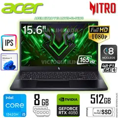 ACER - Laptop Gamer Nitro V15 Core i5-13420H 8GB RAM 512GB SSD 15.6 FHD RTX4050-6GB w11 home ANV15-51-54W8