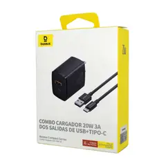 BASEUS - Combo De Cargador Rapido Dual 20w Usb + Cable - Negro