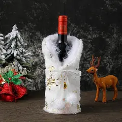 GENERICO - Funda Botella Vino Navidad Felpa Blanca y Dorada Decoración Mesa