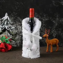 GENERICO - Funda Botella Vino Navidad Felpa Blanca y Plateado Decoración Mesa