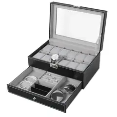 GENERICO - Porta Reloj de 2 Niveles PU con 12 Compartimientos y con Cajón de Joyas
