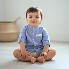 LE PETIT COMPANY - Camisa Bebé Niño Celeste Manga Larga Cuello Mao