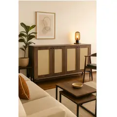 TU MESITA - Aparador Moderno con Ratán Paulo 4 Puertas Caramelo