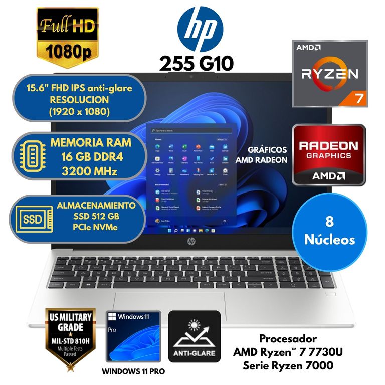 Laptop AMD Ryzen 7 (255 G10) RAM 16 GB SSD 512 GB 15.6" FHD Windows 11 PRO
