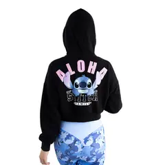 LILO & STITCH - Polera Mujer Lilo Y Stitch Manga Larga Crop French Terry Negro