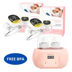 GENERICO - 2 Extractores de Leche Portatil Manos Libres Dorado + Calentador de Biberones Rosado