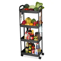 KELLER - Carrito Organizador 4 Niveles con Ruedas y Colgadores para Cocina Negro C78