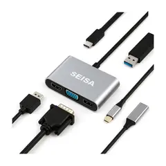 SEISA - Adaptador Multifuncional Usb tipo C a Hdmi Vga Auxiliar USB 3.0 y Aux