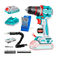 TOTAL - Taladro Atornillador Brushless 20v juego Brocas Planas+Acce