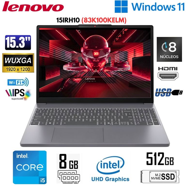Laptop IdeaPad Slim 3 Intel Core i5-13420H 8GB RAM 512GB SSD 15.3" WUXGA - 83K100KELM