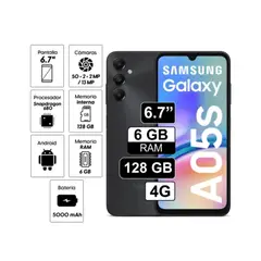SAMSUNG - Celular Galaxy A05s 128GB 6GB RAM cámara principal 50MP frontal 13MP 6.7"  - NEGRO