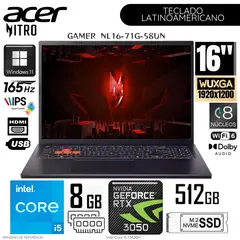 ACER - Laptop Nitro Lite NL16-71G-58UN Intel Corei5-13420H 8GB RAM 512GB SSD 16" WUXGA RTX3050-6GB WIN11