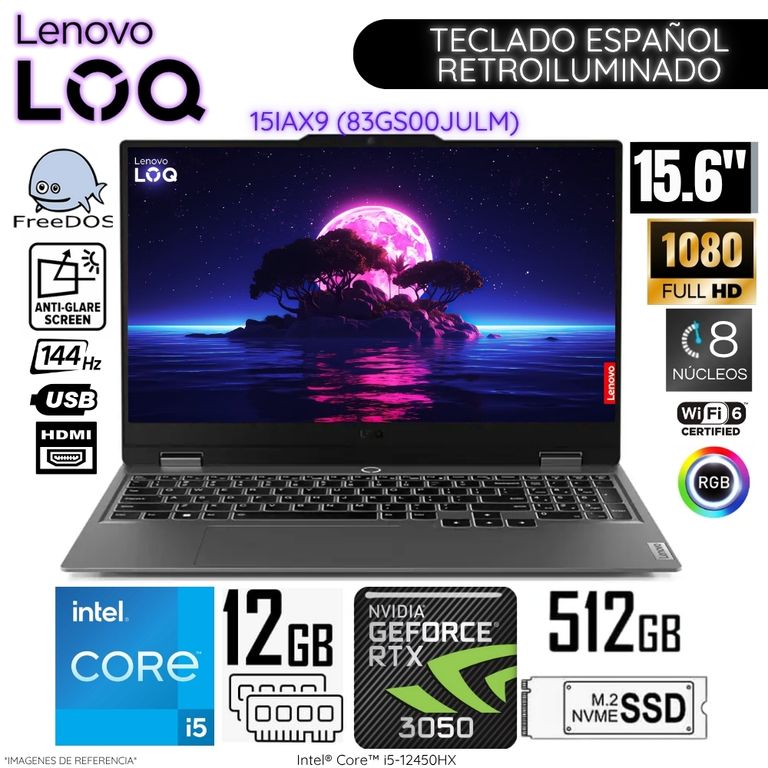 Laptop Gamer LOQ Intel Core i5-12450HX 12GB RAM 512GB SSD RTX 3050-6GB 15.6" FHD - 83GS00JULM