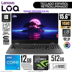 LENOVO - Laptop Gamer LOQ Intel Core i5-12450HX 12GB RAM 512GB SSD RTX 3050-6GB 15.6" FHD - 83GS00JULM