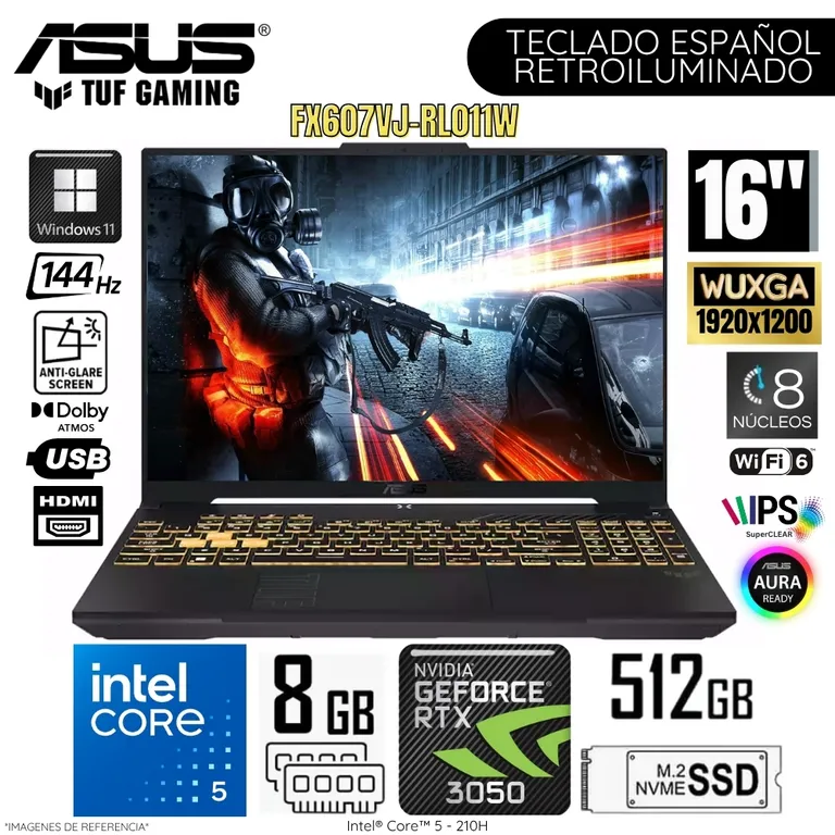 Laptop TUF Gaming F16 Intel Core 5 210H 8GB RAM 512GB SSD RTX 3050-6GB 16" WUXGA FX607VJ-RL011W