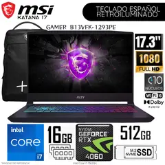 MSI - Laptop Katana 17 B13VFK-1293PE Intel Corei7-13620H 16GB RAM 512GB SSD 17.3" FHD RTX4060-8GB WIN11