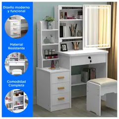 GENERICO - Tocador de Maquillaje Con Espejo Iluminado y Sillón Para Dormitorio Blanco