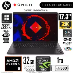 HP - Laptop OMEN 17-DB0009LA AMD Ryzen 9-8945HS 32GB RAM 1TB SSD 17.3"  QHD RTX4060-8GB WIN11