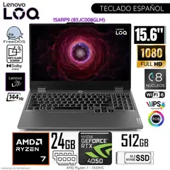 LENOVO - Laptop LOQ 15ARP9 AMD Ryzen 7-7435HS 24GB RAM 512GB SSD 15.6 FHD RTX4050-6GB - 83JC008GLM