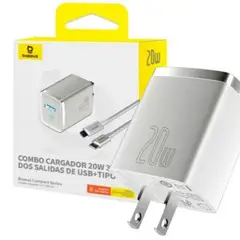 BASEUS - Cargador Carga Rápida PD20w Dual Usb + Cable Tipo C a Lightning Blanco