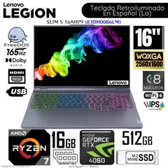 LENOVO - Laptop Legion Slim 5 16AHP9 AMD Ryzen 7-8845HS 16GB RAM 512GB SSD 16" WQXGA RTX4060-8GB 83DH0086LM