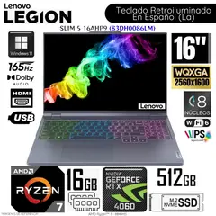 LENOVO - Laptop Legion Slim 5 16AHP9 AMD Ryzen 7-8845HS 16GB RAM 512GB SSD 16" WQXGA RTX4060-8GB 83DH0086LM