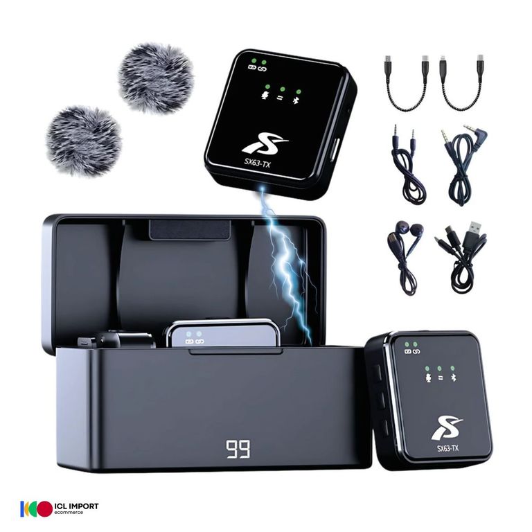 MICRÓFONO SOLAPERO INALÁMBRICO PROFESIONAL SX63 DUAL 4 EN 1 CON ESTUCHE DE CARGA