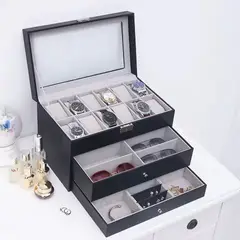 GENERICO - Organizador de 12 Relojes, 6 Gafas y Joyero Elegante de 3 Niveles