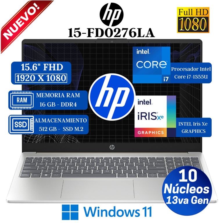 Laptop 15-FD0276LA 15.6" FHD, Intel Core i7-1355U, 13va Gen, Ram 16GB, Ssd 512GB, Win 11