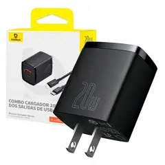 BASEUS - Cargador Carga Rápida PD20w Dual Usb + Cable Tipo C a Lightning Negro