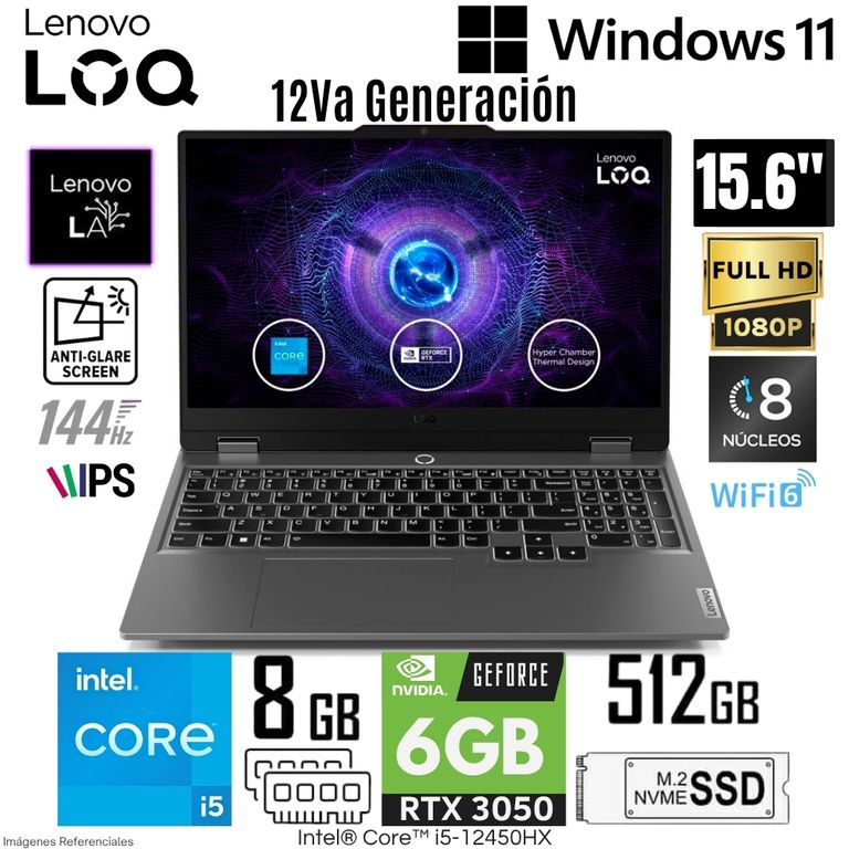 Laptop LOQ Gaming 15IAX9 Intel Core i5-12450HX 8GB RAM 512GB SSD RTX 3050-6GB 15.6" FHD 144Hz
