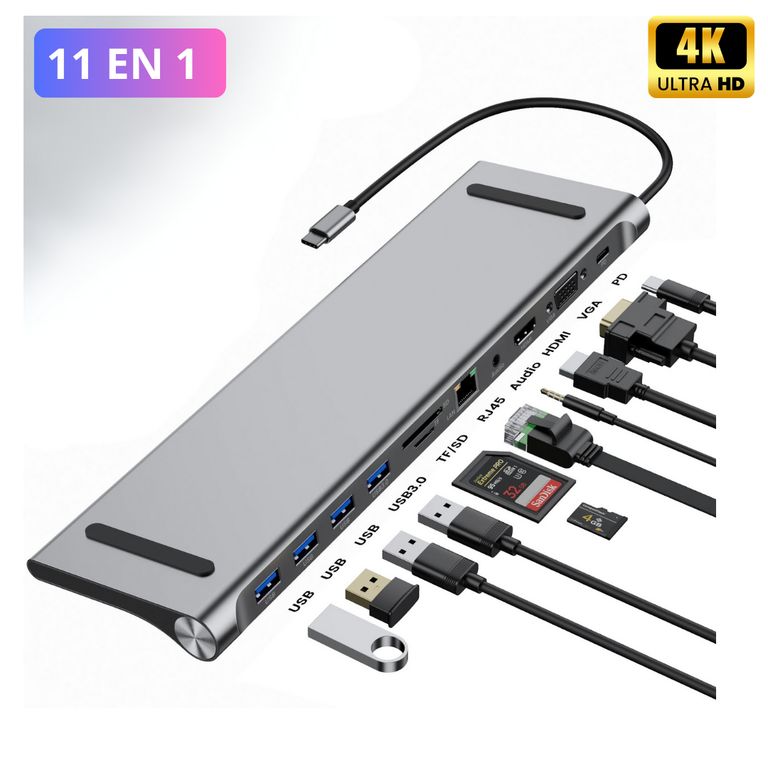 Hub Adaptador 11 en 1 Type C 4K HDMI Ethernet USB 30 Lector de Memoria SDTF