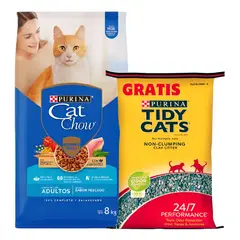 CAT CHOW - Alimento Para Gatos Adultos 8kg Pescado + Arena 4kg Gratis