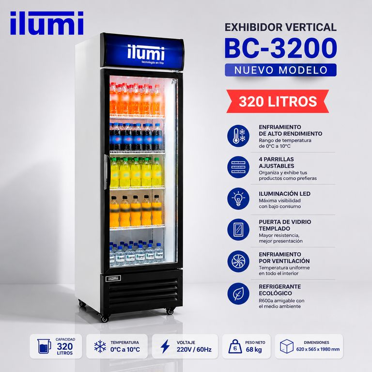 Exhibidor Vertical 320 Lts 1 Puertas Vidrio Blanco - BC-3200