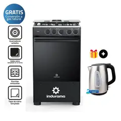 INDURAMA - Cocina a Gas 4 Hornillas Goya - Negra + Hervidor