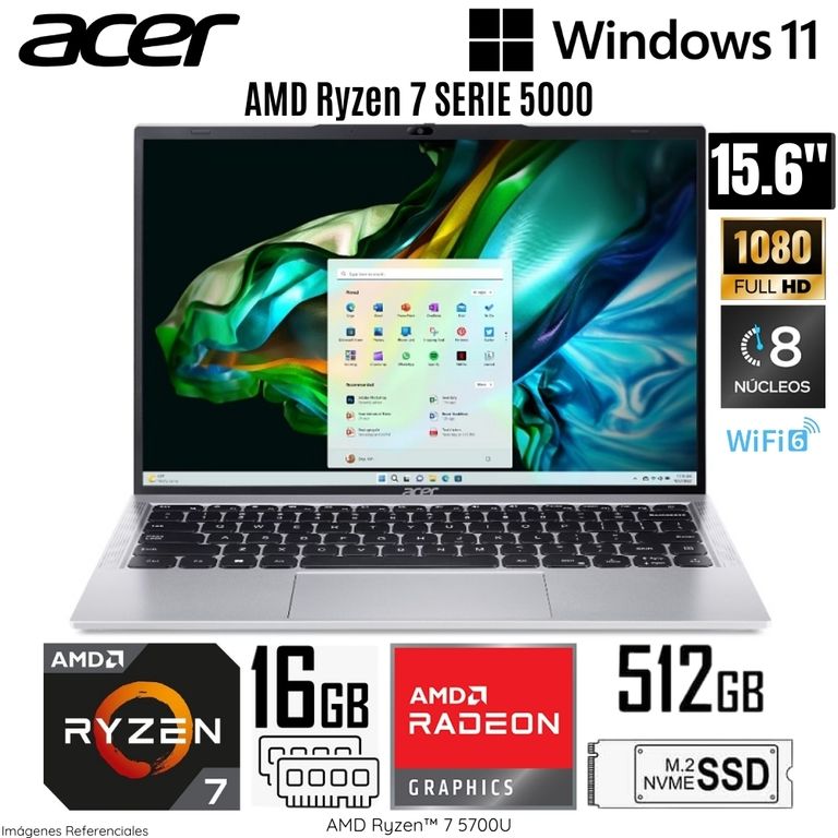 Laptop Aspire AL15-41P-R27P AMD Ryzen 7-5700U 16GB RAM 512GB SSD 15.6"  FHD Light Silver