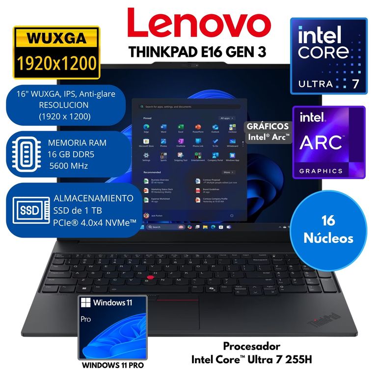 Laptop ThinkPad E16 Core Ultra 7 255H RAM 16 GB SSD 1 TB 16" WUXGA Windows 11 PRO