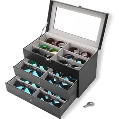 GENERICO - PORTA LENTES O GAFAS DE 18 COMPARTIMENTOS PU CON INTERIOR TERCIOPELO 3 NIVELES ELEGANTE