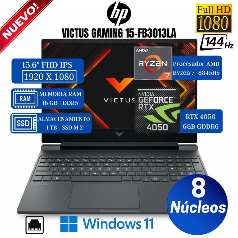 Laptop Victus Gaming 15-FB3013LA 15.6” FHD, Ryzen 7-8845HS, Ram 16GB, SSD 1 TB, Rtx 4050, Win 11