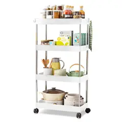 KELLER - Carrito Organizador Elegante 4 Niveles con Colgadores para Cocina Blanco AJ8