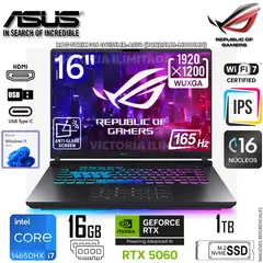 ASUS - Laptop Gamer ROG STRIX G16 Intel Core i7-14650HX Geforce RTX5060 16GB RAM 1TB SSD 16 WUXGA G615JMR-AS74