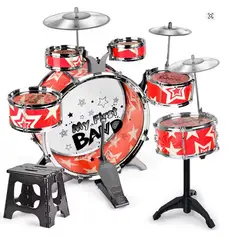 GENERICO - Juego de Batería Grande 6 Tambores y 3 Platillos con Banquito Rojo