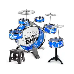 GENERICO - Juego de Batería Grande 6 Tambores y 3 Platillos con Banquito Azul