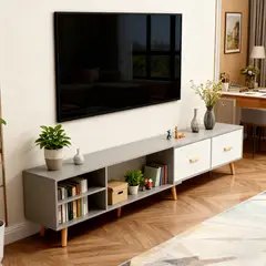 ROHE - Mesa de TV 55" (140-218)x40x30 cm Gris con 2 Cajones MDF Corredizas