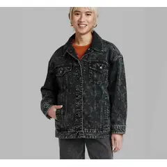 PEACE AND LOVE - Casaca Jean Negro Vintage Despintado Mujer Oversize