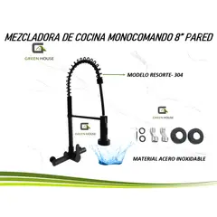 GREEN HOUSE - MEZCLADORA DE COCINA MONOCOMANDO 8 RESORTE NEGRO MATE