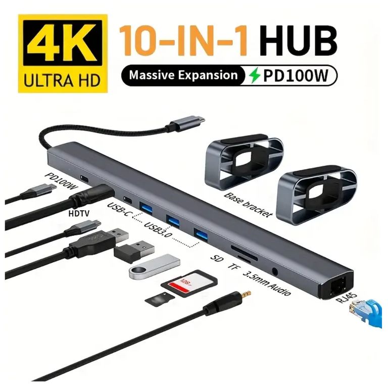 Hub Adaptador 10-en-1 USB-C USB30 4K HDMI Ethernet SDTF PD 100W