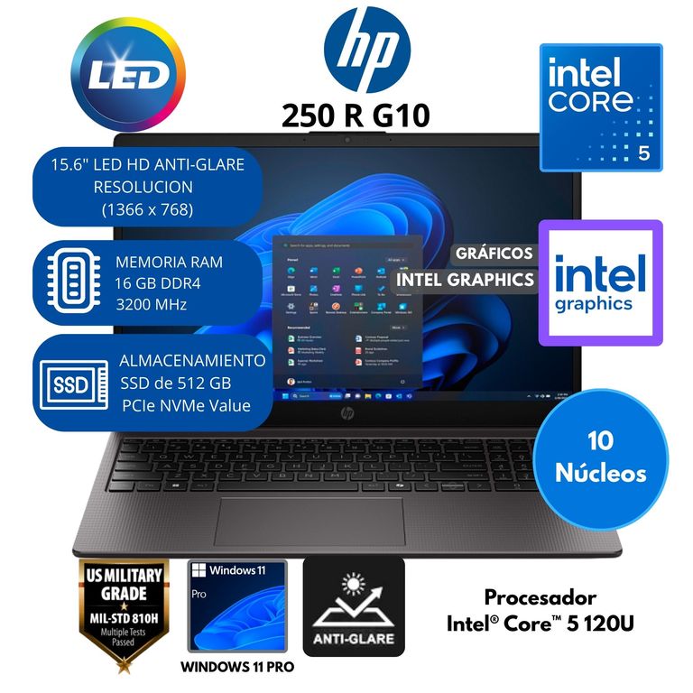 Laptop Intel Core 5 (250 R G10) RAM 16 GB SSD 512 GB 15.6" LED Windows 11 PRO